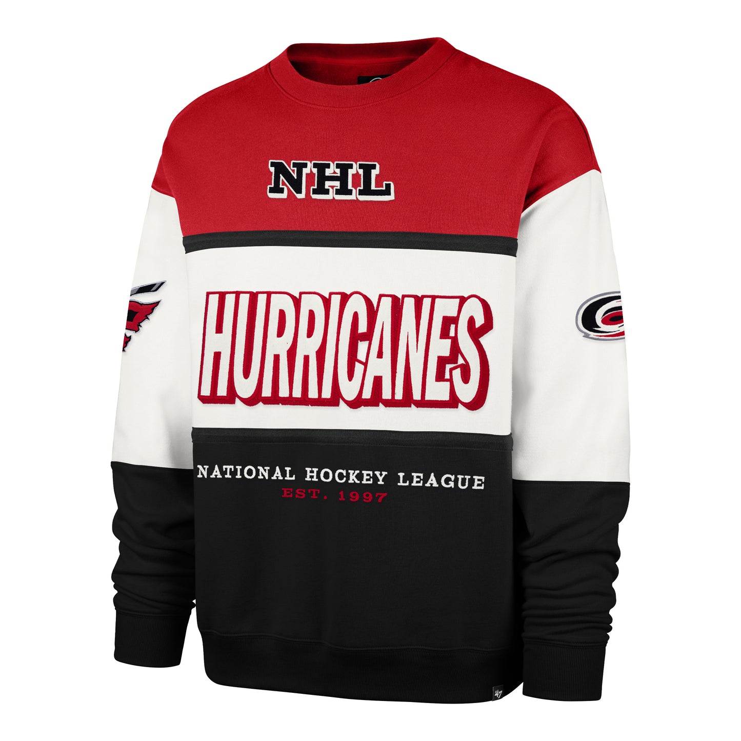 Red, white, black crewneck, "NHL", "HURRICANES", "National Hockey League", "Est. 1997" on front
