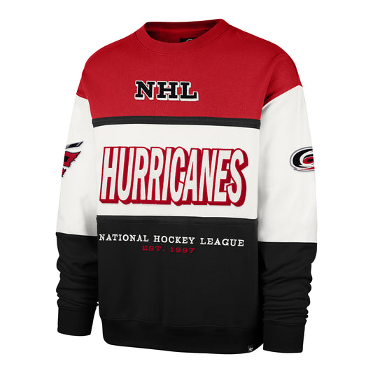 Red, white, black crewneck, "NHL", "HURRICANES", "National Hockey League", "Est. 1997" on front