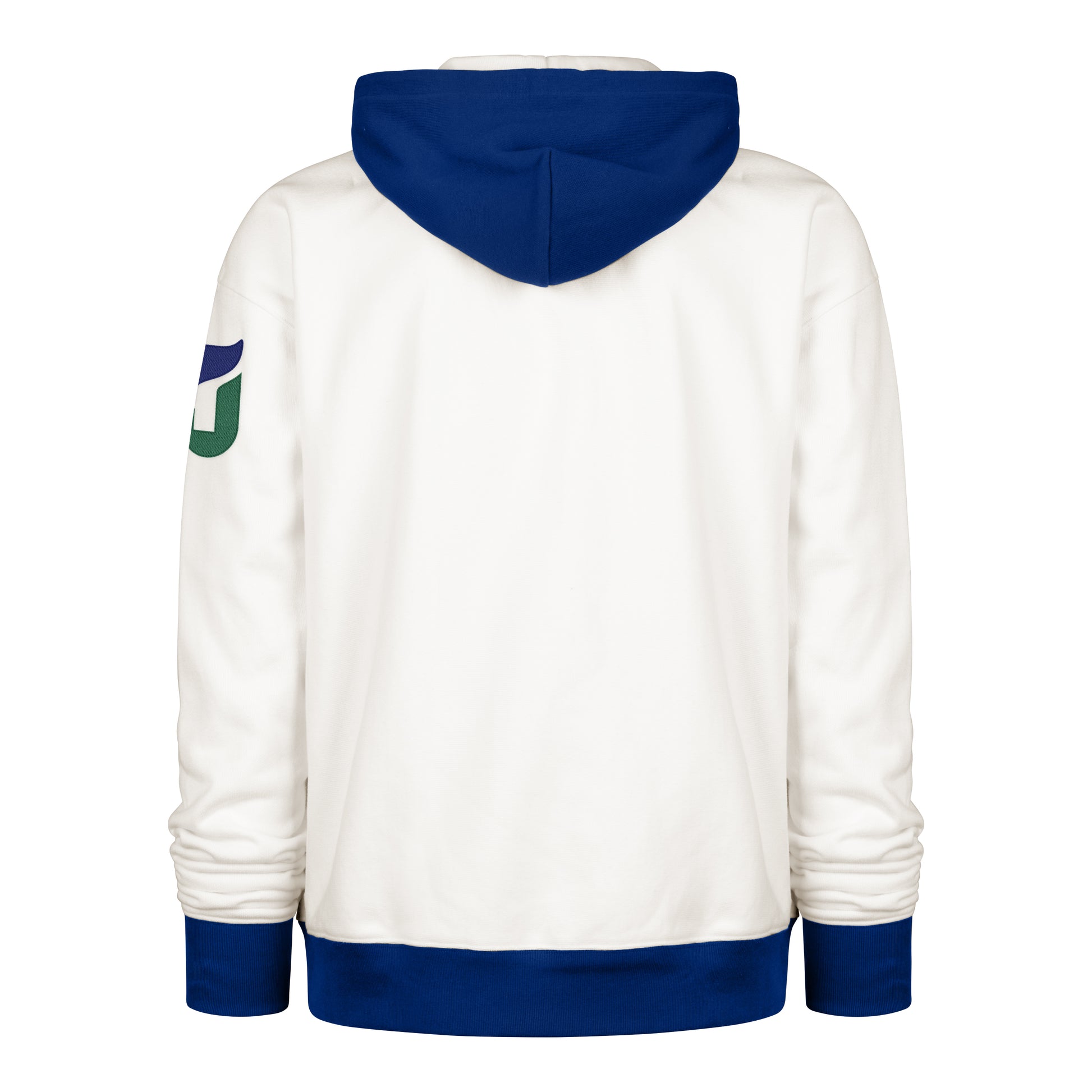 Back: Blue hoodie, waist, and wrists; Whalers tail logo on left sleeve