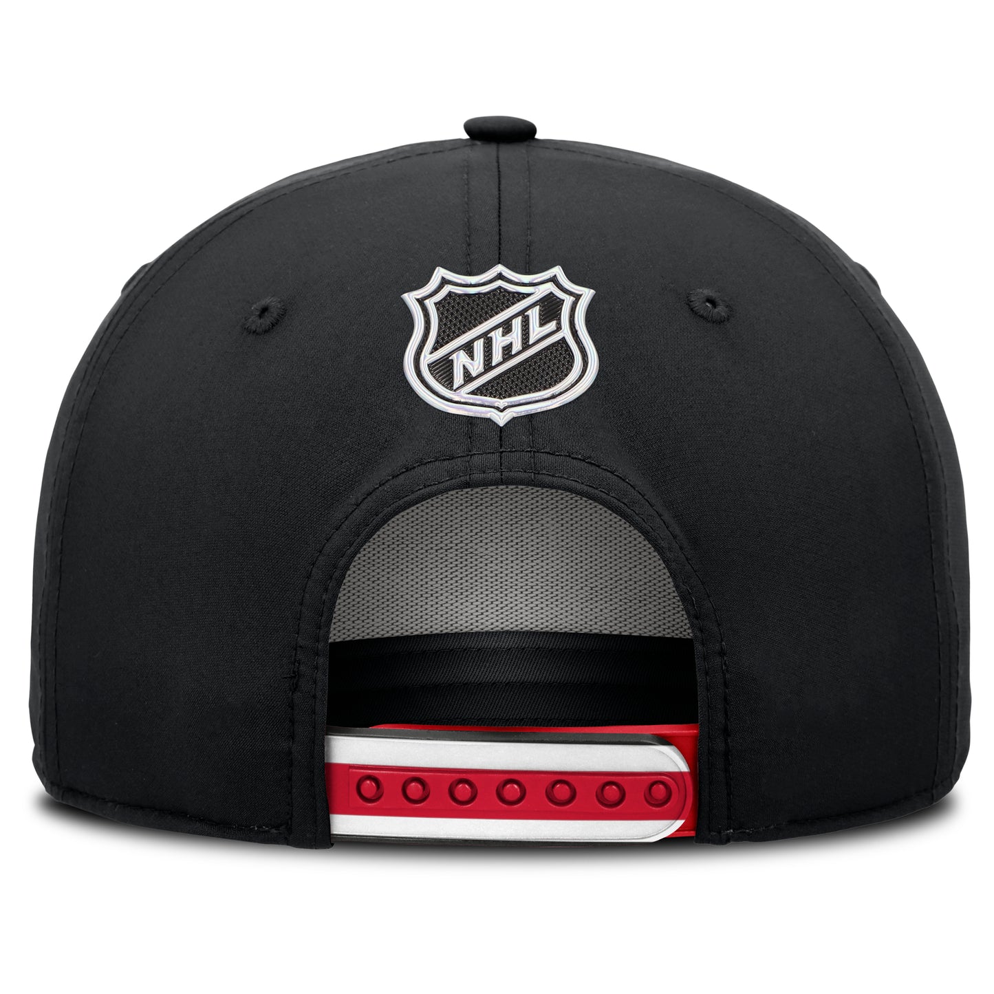Back: Black with hurricanes striping-themed snapbacks, NHL shield above straps