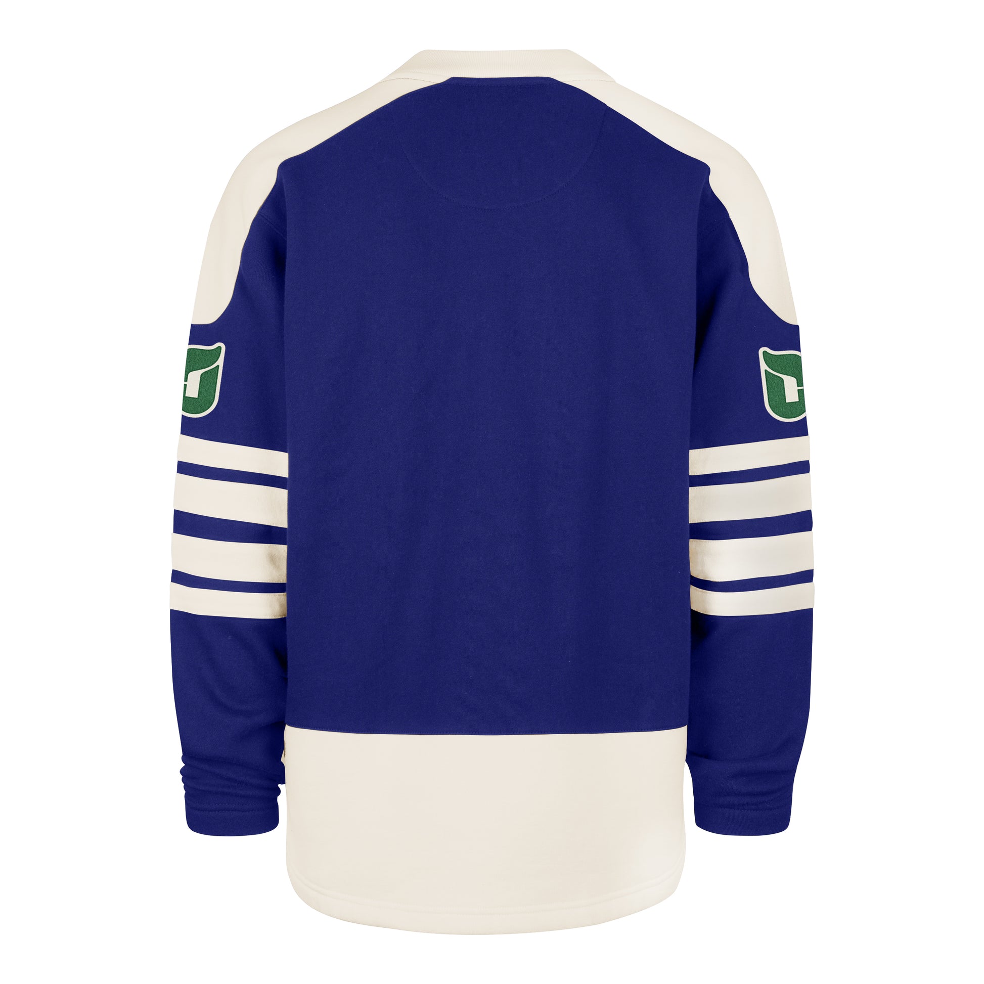 Back: Whalers tail logo on both sleeves between striping