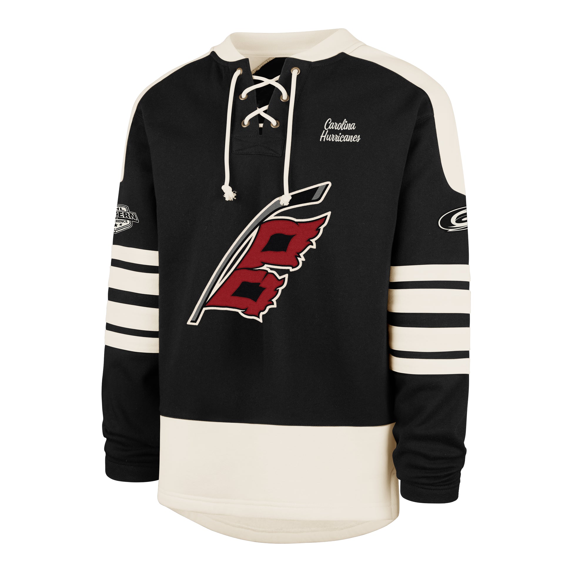 Front: Black lacer with white striping/shoulders, Flags logo on front, "Carolina Hurricanes" on left chest