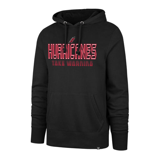 Front: Black hoodie, "HURRICANES TAKE WARNING" across chest in red, Flags logo above