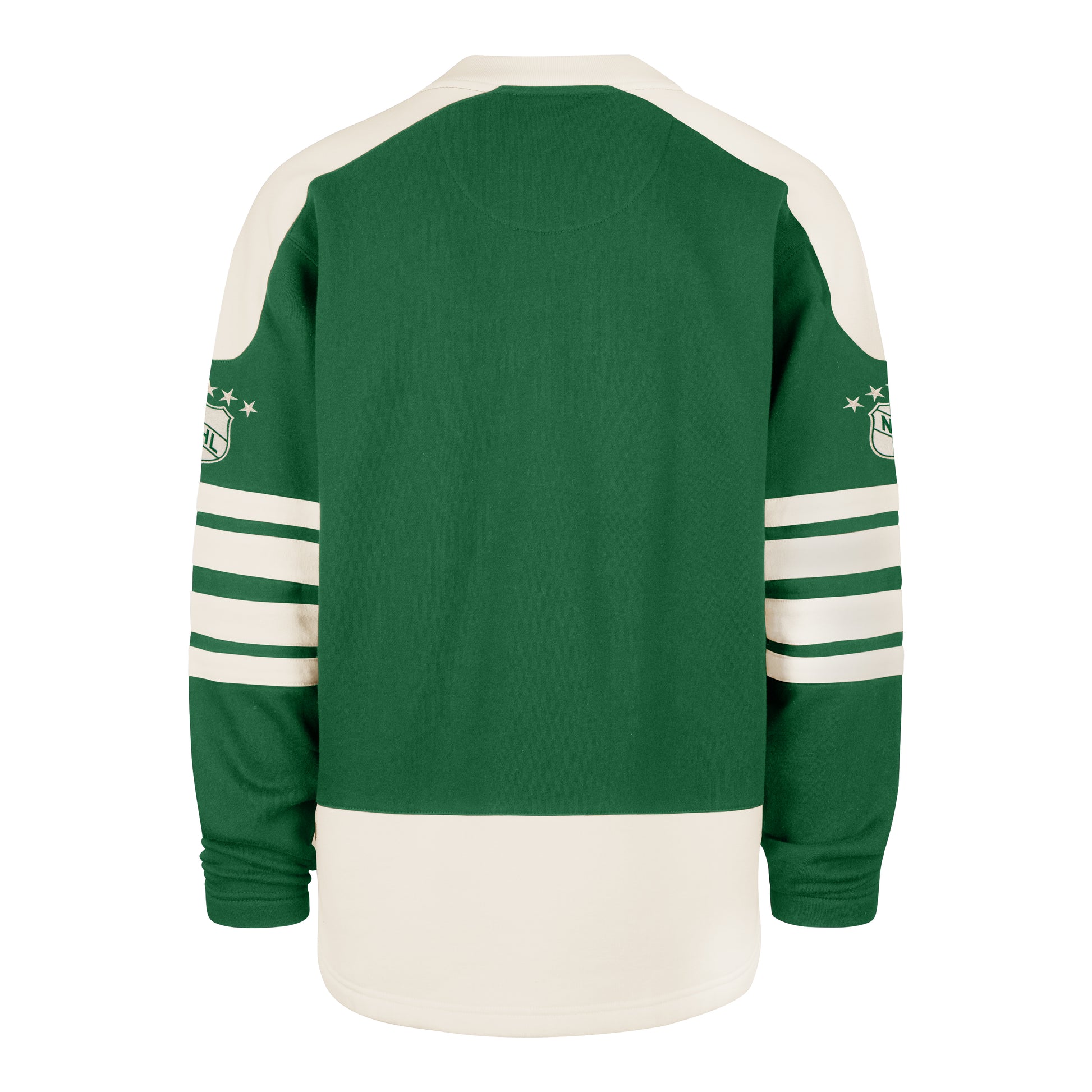 Back: Green sweater with white trim, retro NHL logo on both sleeves
