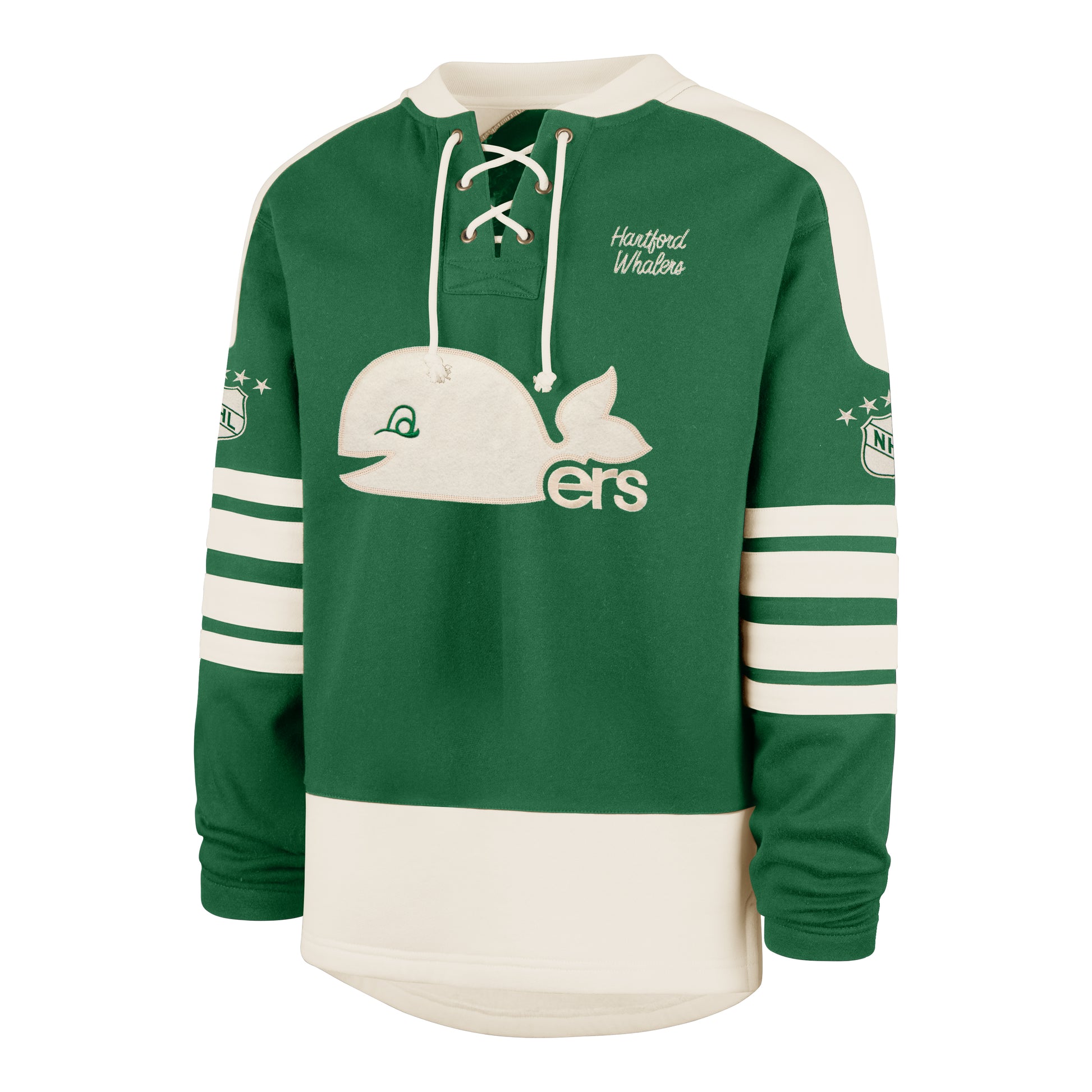 Front: Green lacer with white trim, Pucky Whalers logo, "Hartford Whalers" in cursive on front
