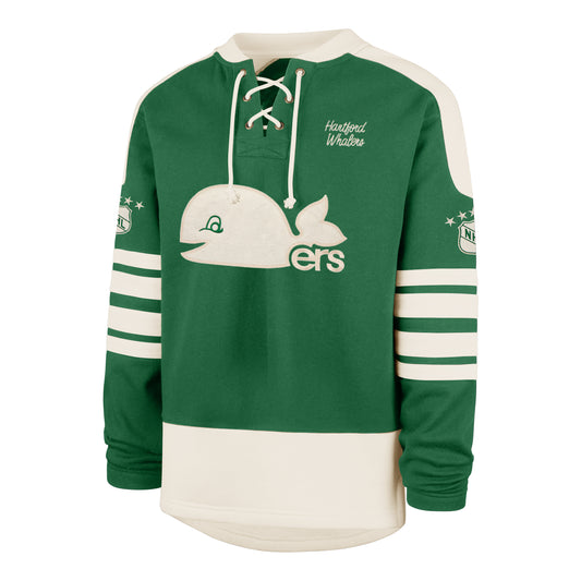 Front: Green lacer with white trim, Pucky Whalers logo, "Hartford Whalers" in cursive on front