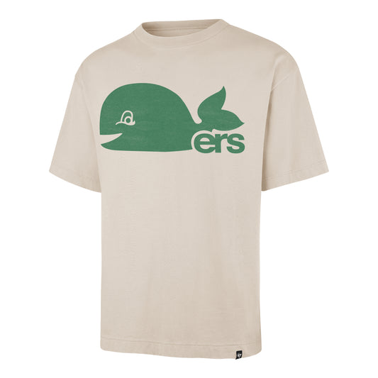 Front: Cream tee, green Pucky Whalers logo on chest, 47 tag at left waist