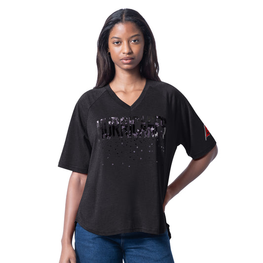 Front: Black tee, v-neck, "HURRICANES" in black sequin across front, Flags logo on left sleeve
