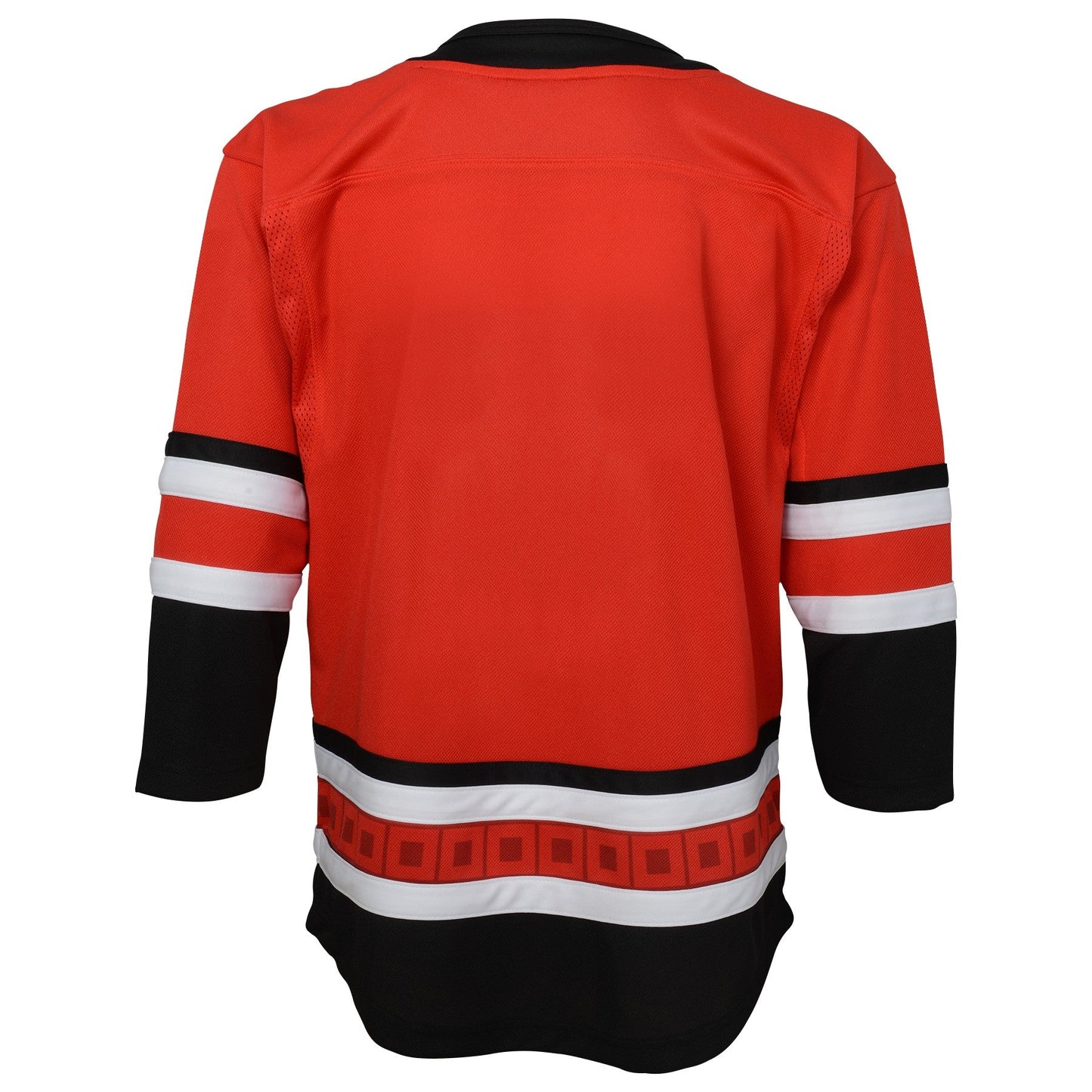 Back: red jersey with black and white trim, flag striping