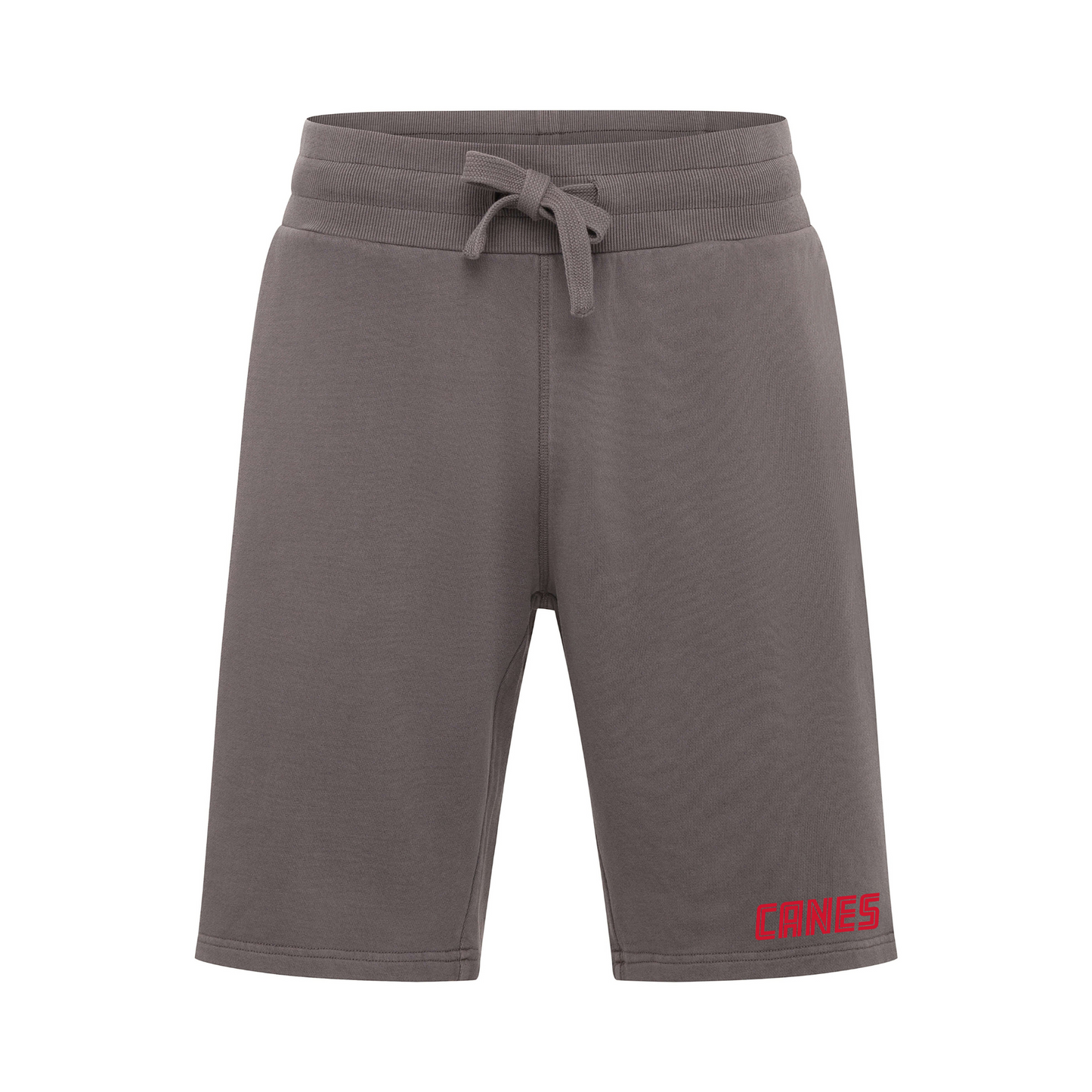 Dark gray shorts with drawstrings, CANES in red at bottom of left pant