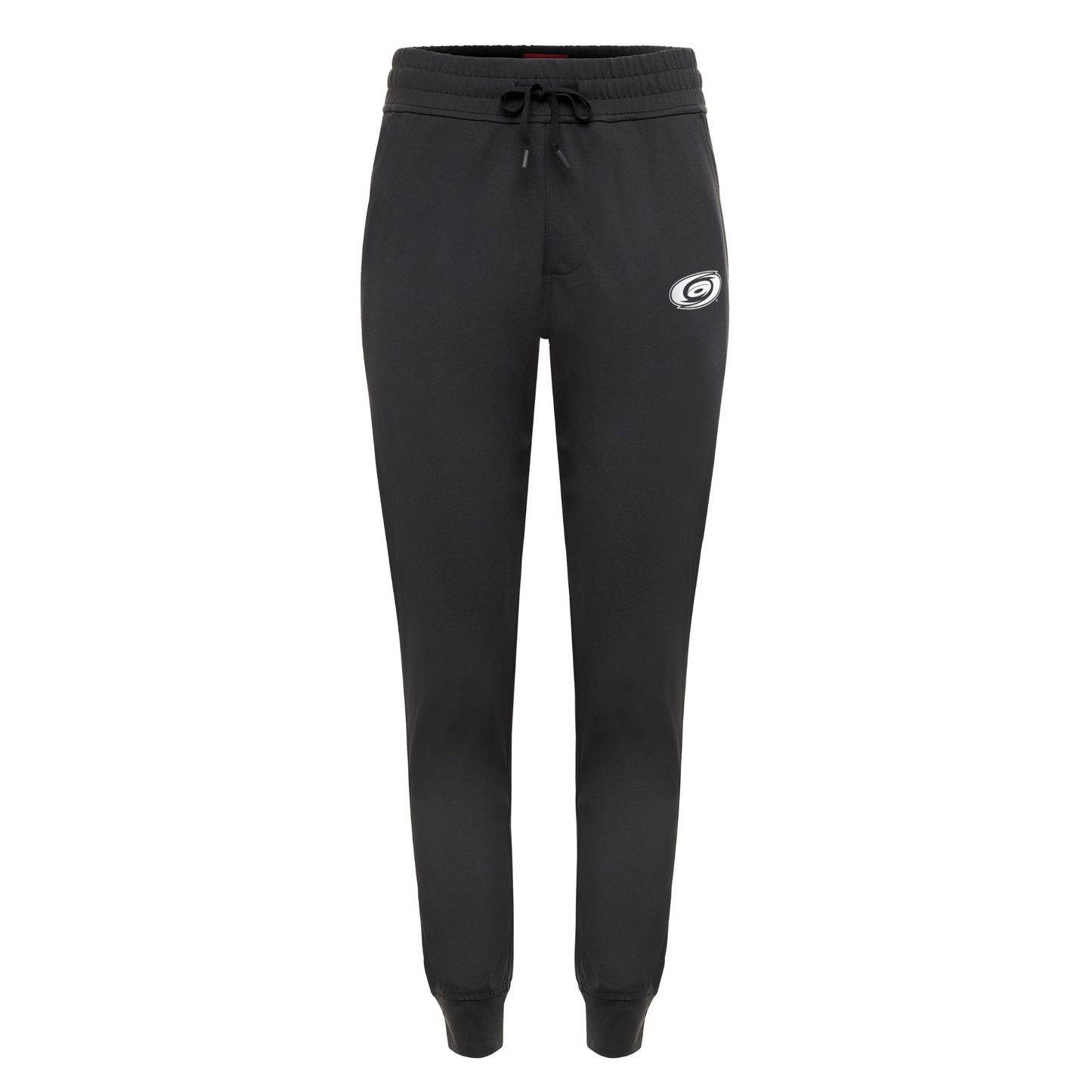 Black pants with drawstrings, primary logo in white on left pant