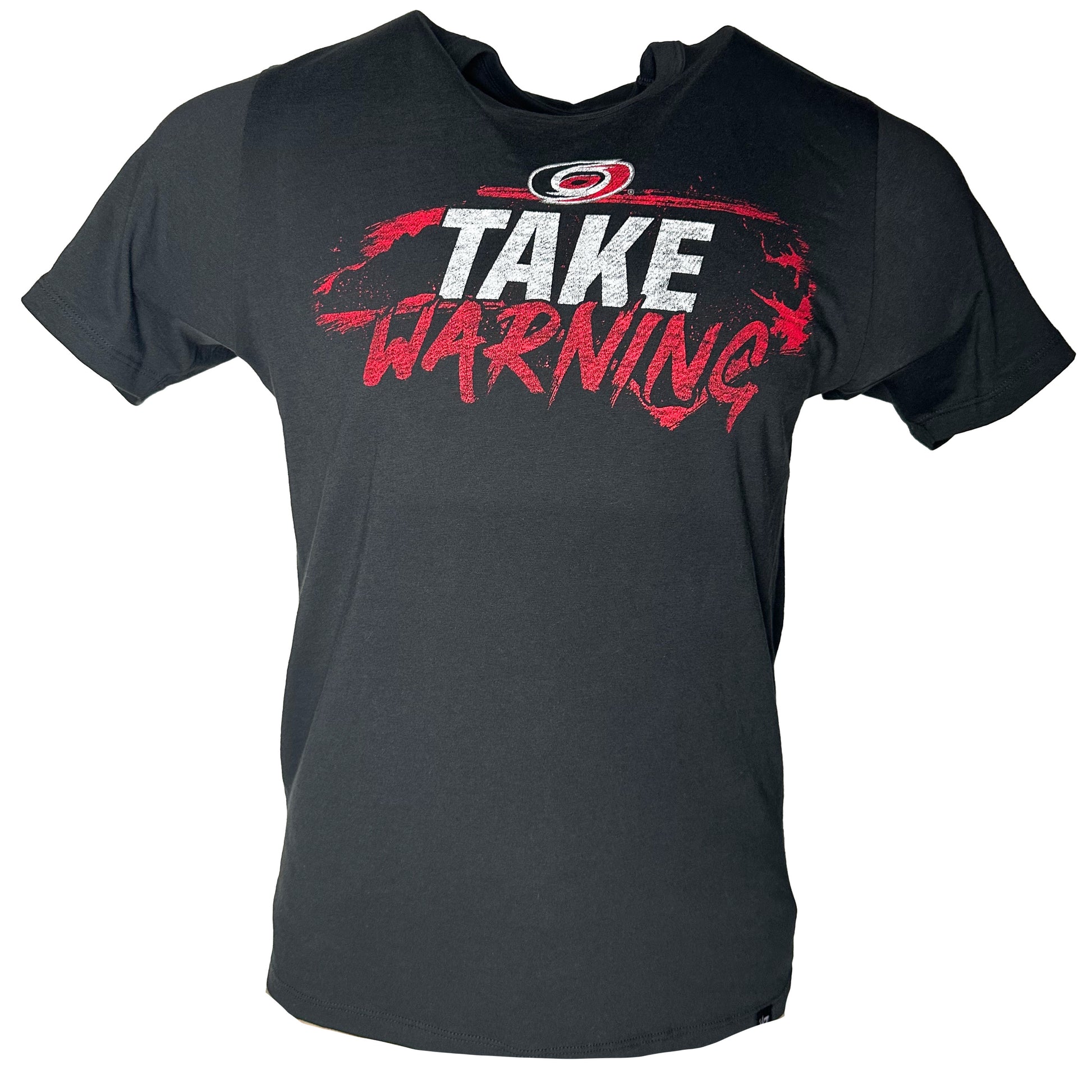Front: Black tee with red and white graphic that says Take Warning around outline of state of NC