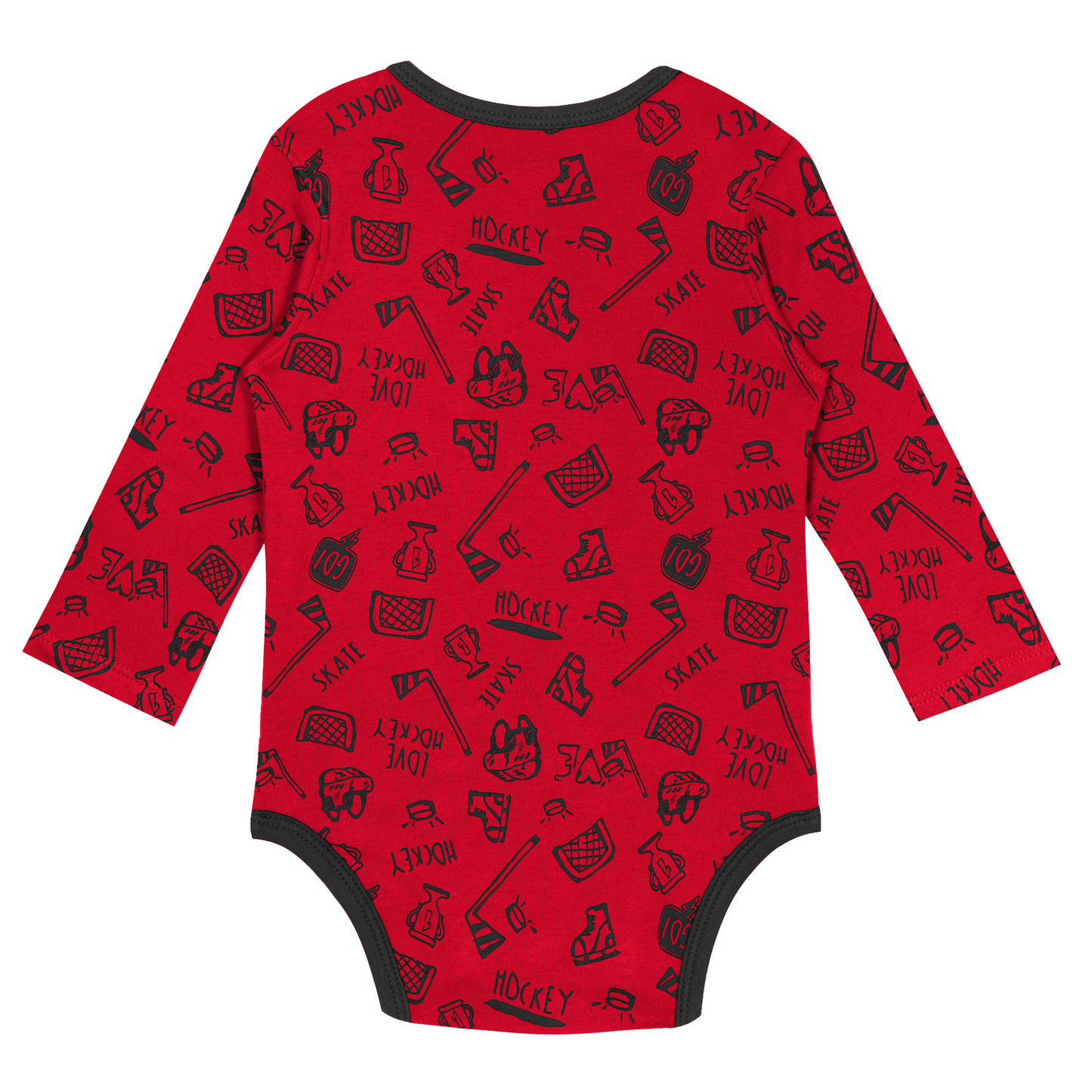 Back: Red onesie with black pattern, black trim