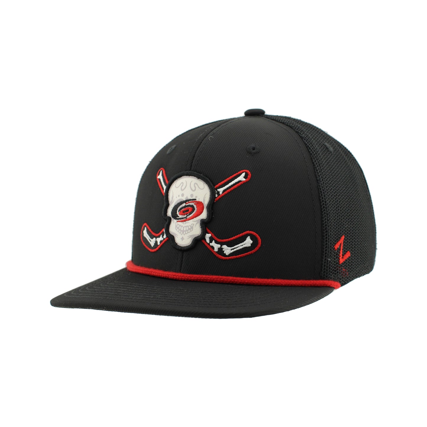 Front: Black hat with skull and cross sticks design on front, red rope on brim