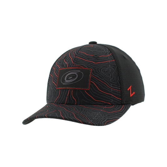 Front: Black hat, topography-esque design on front and brim, patch with blacked-out Primary logo