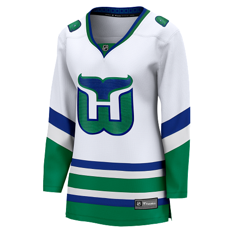 Front: White whalers jersey with V-cut neck, blue and green striping, Pucky shoulder patches