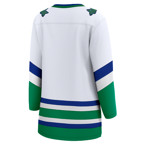Back: White jersey with blue and green striping on sleeves and bottom with Pucky patches