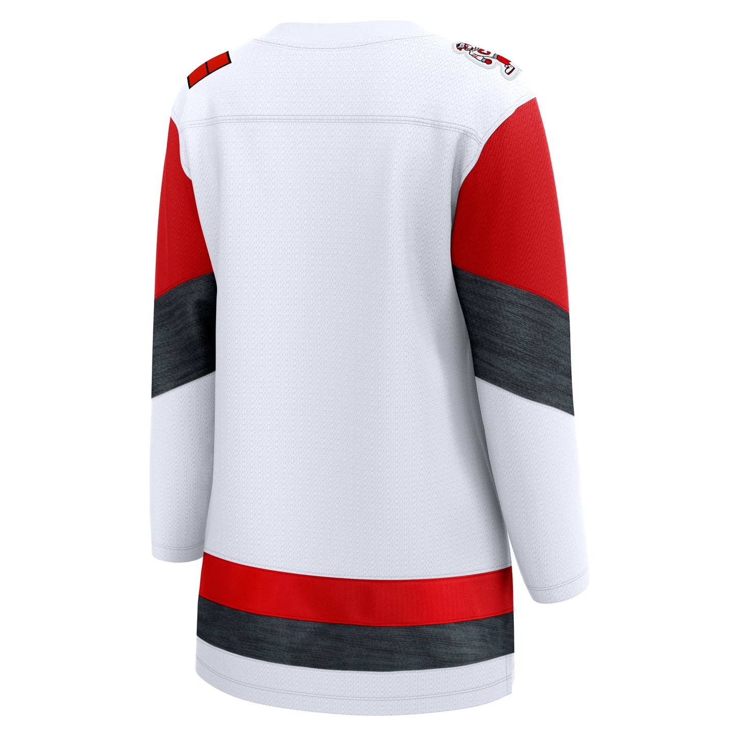 Back: White jersey with red/heather black striping, patches on shoulders
