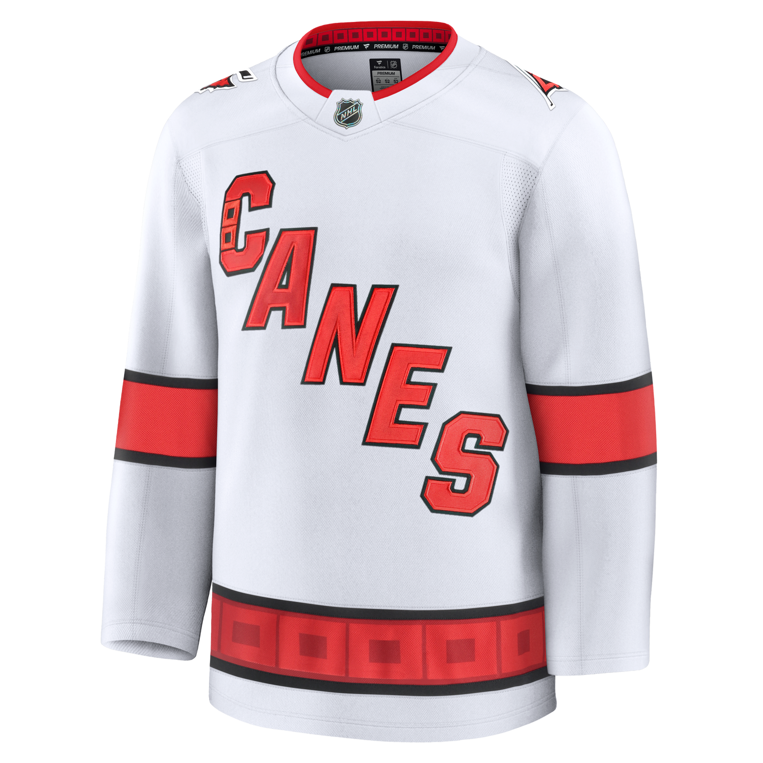 Front: White jersey with red and black trim, Canes diagonal wordmark across front