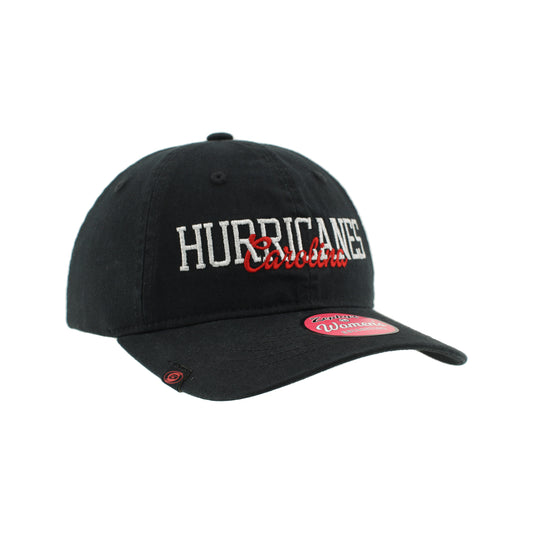 Right: Black hat, says Carolina in script in red, Hurricanes in white, tonal primary logo tag on brim