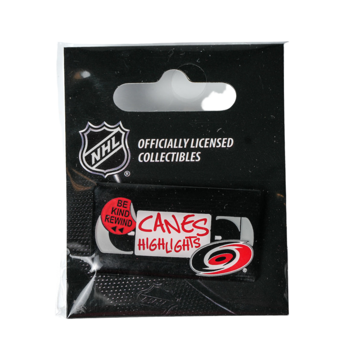 lapel pin of VHS tape that says "Canes Highlights"