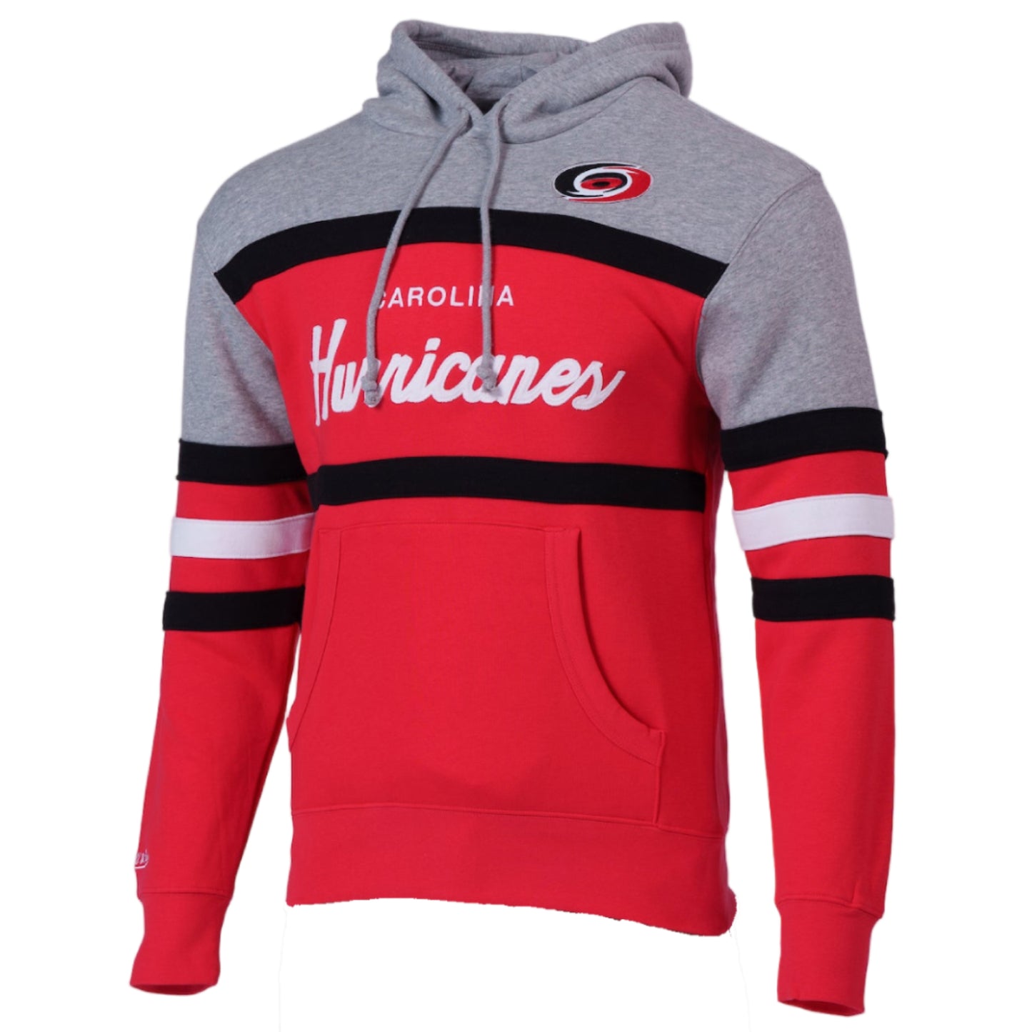 Red and gray hood with black and white striping, "Carolina Hurricanes" in white