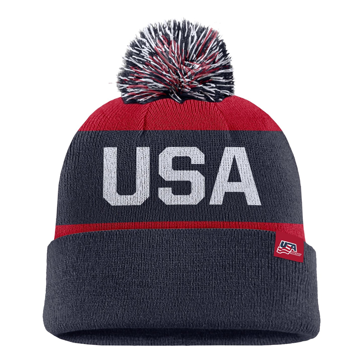Back: Red tag with USA Hockey logo on cuff, tri-colored pom