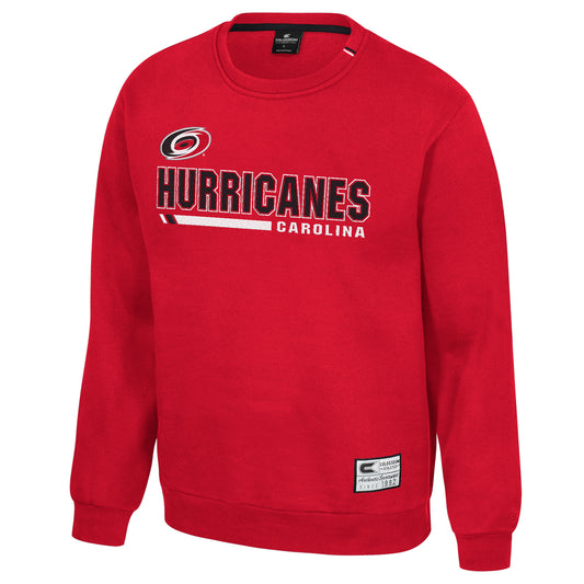 Red crewneck, "CAROLINA" in white, "HURRICANES" in black with primary logo, Colosseum tag at waist