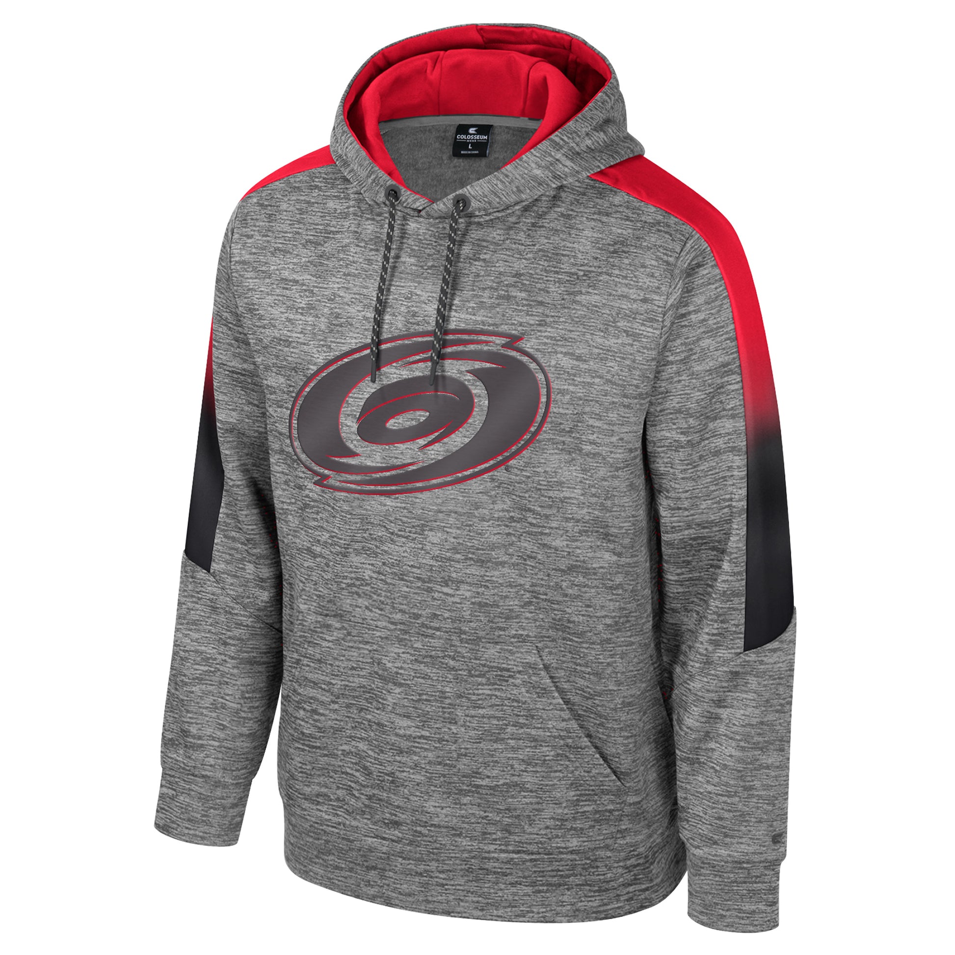 Front: Gray hoodie with red/black gradient trim, Gray primary logo on front