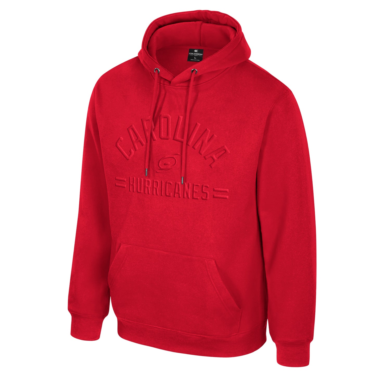Front: Red hoodie with red graphic across front, "CAROLINA HURRICANES" around primary logo