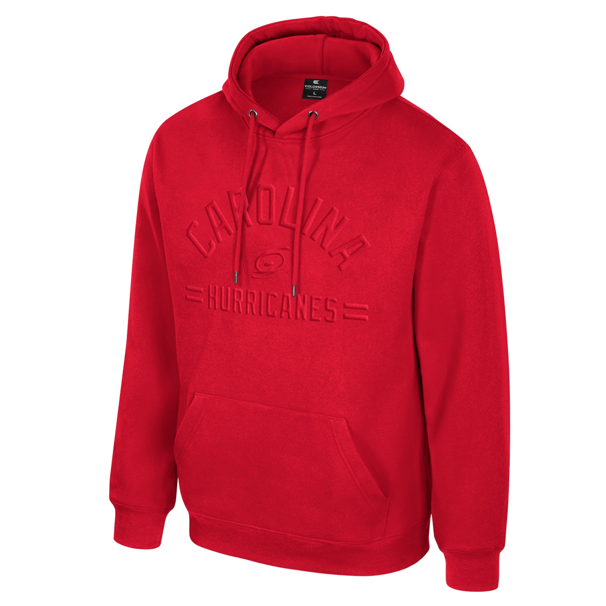 Front: Red hoodie with red graphic across front, "CAROLINA HURRICANES" around primary logo