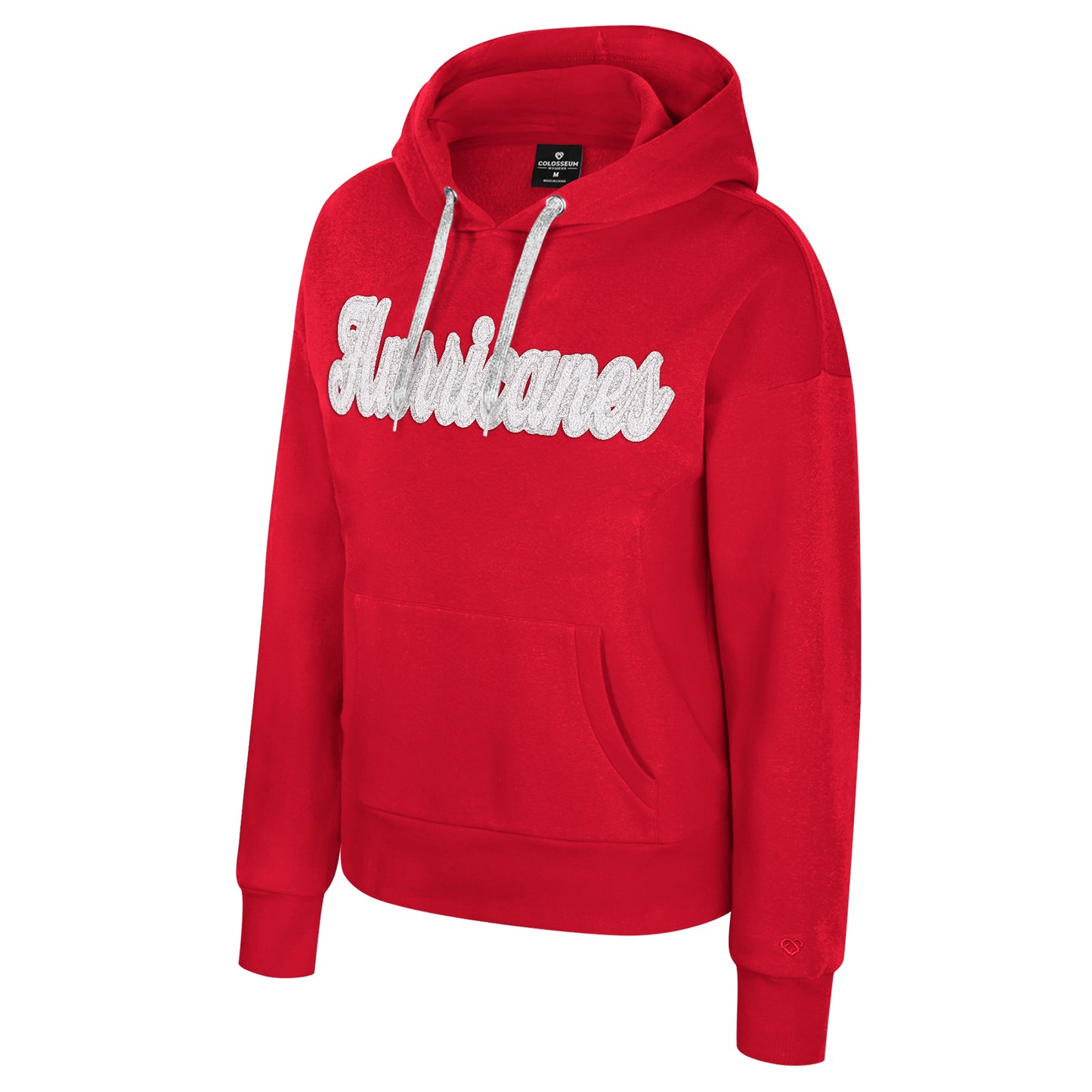 Red hoodie, "Hurricanes" in silver in cursive across chest, sparkly gray strings