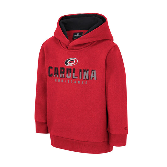 Red hoodie with Carolina in black and grey and Hurricanes in grey with Hurricanes logo