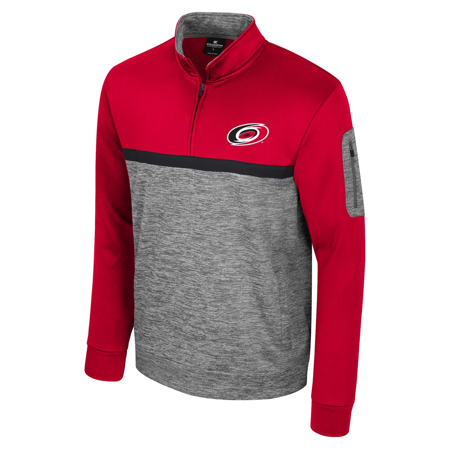 Heather gray and red quarter zip with black stripe, Primary logo on left chest