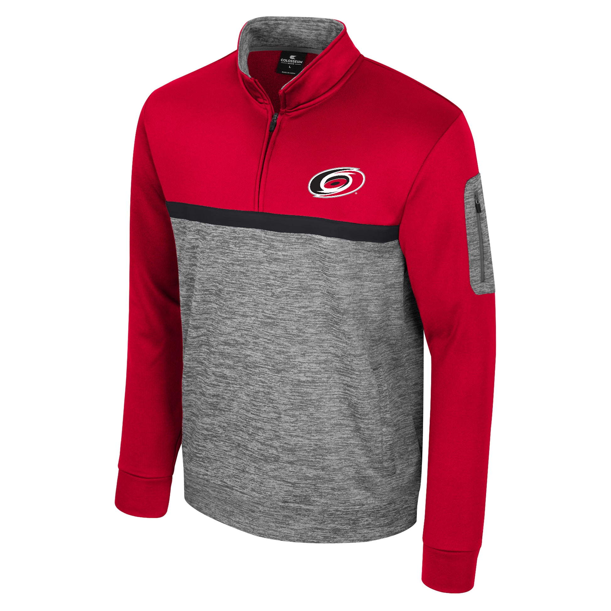 Heather gray and red quarter zip with black stripe, Primary logo on left chest