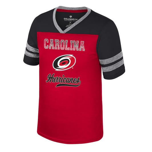 Red tee with black shoulders, gray stripes, "CAROLINA Hurricanes" with primary logo on front