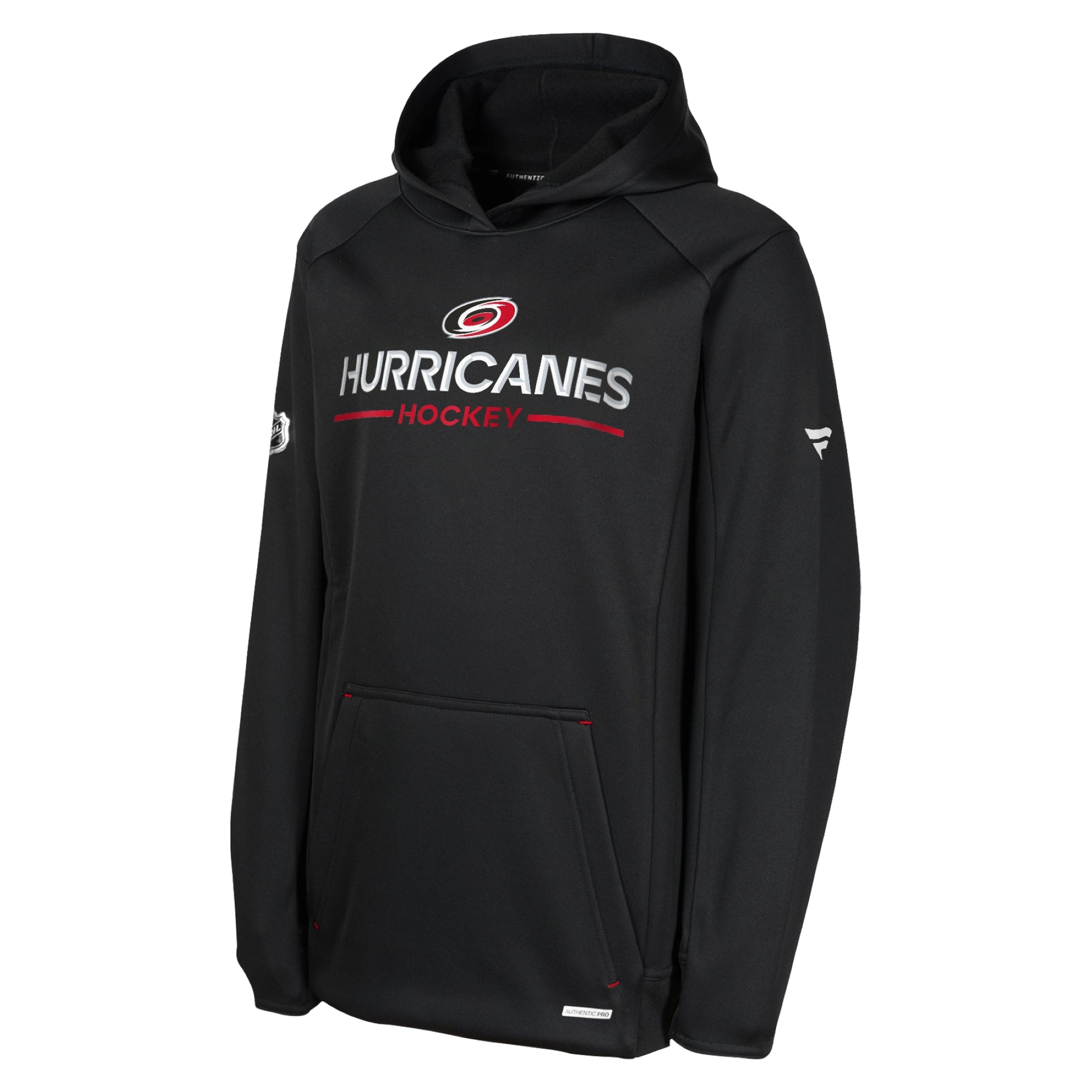 Front: Black hoodie, "Hurricanes Hockey" in white and red with Primary logo across chest