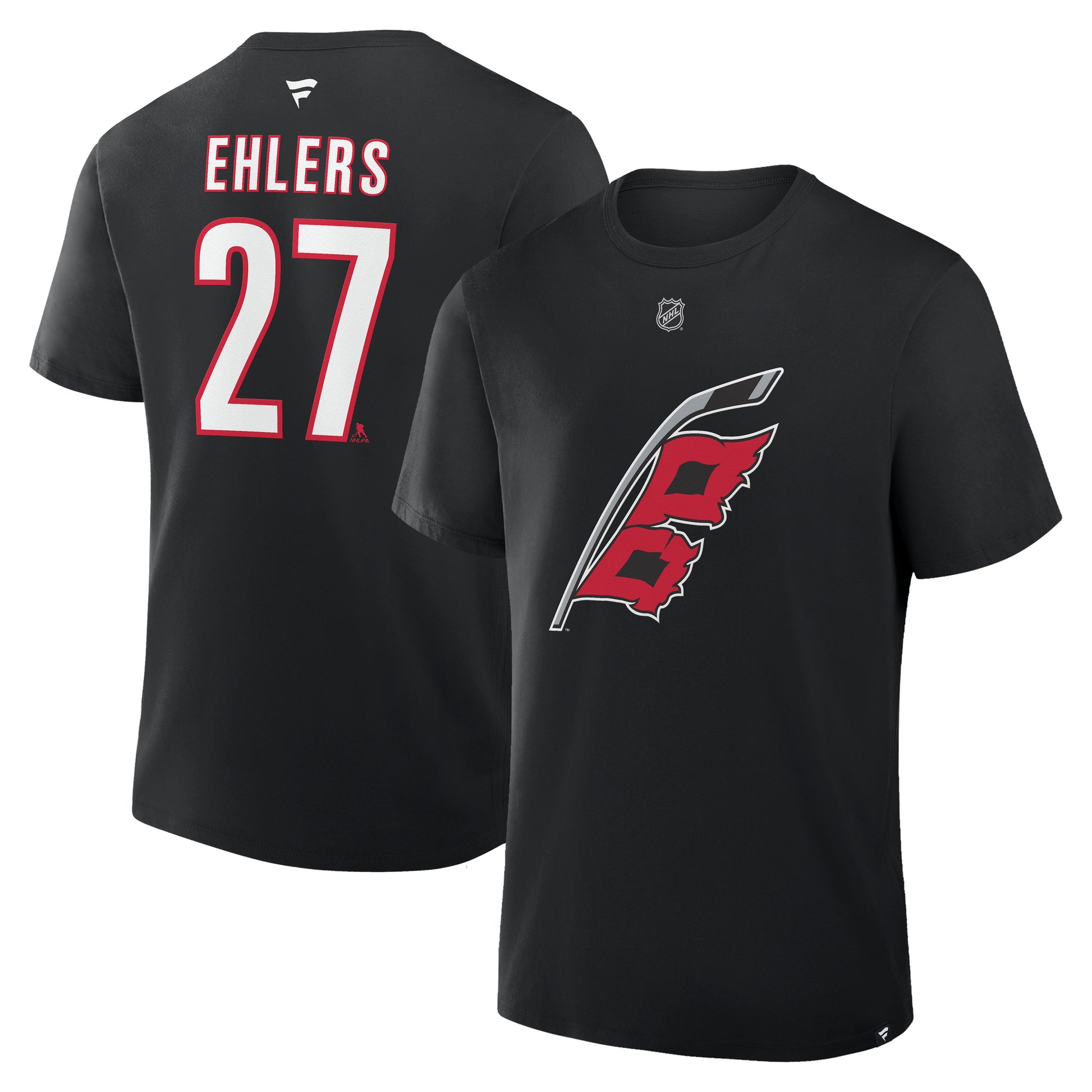 Front & Back: Black tee, Flags logo on front, "EHLERS 27" in white and red on back