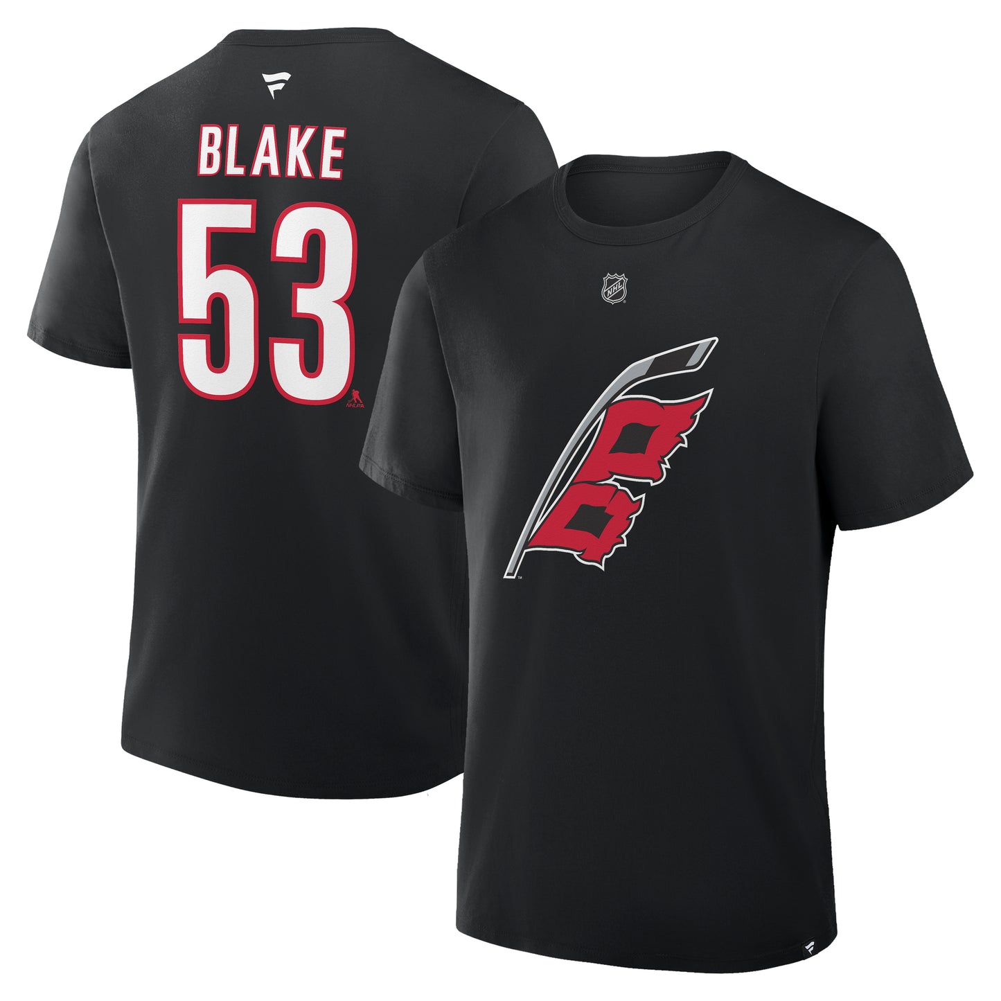 Front & Back: Black tee, Flags logo on front, "BLAKE 53" in white and red on back