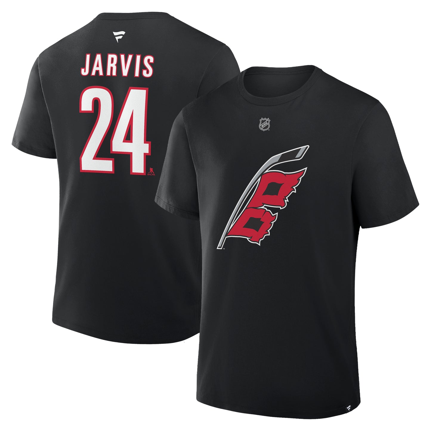 Front & Back: Black tee, Flags logo on front, "JARVIS 24" in white and red on back