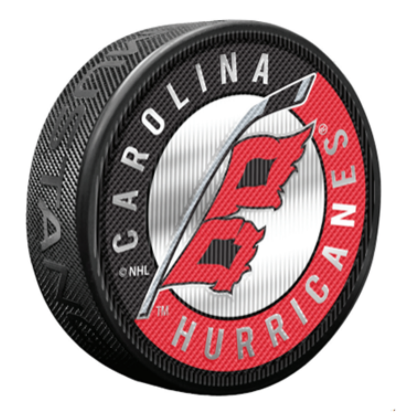 Puck in Mustang's 'Trimflexx' style texture; Flags logo, "CAROLINA HURRICANES" in silver over red/black