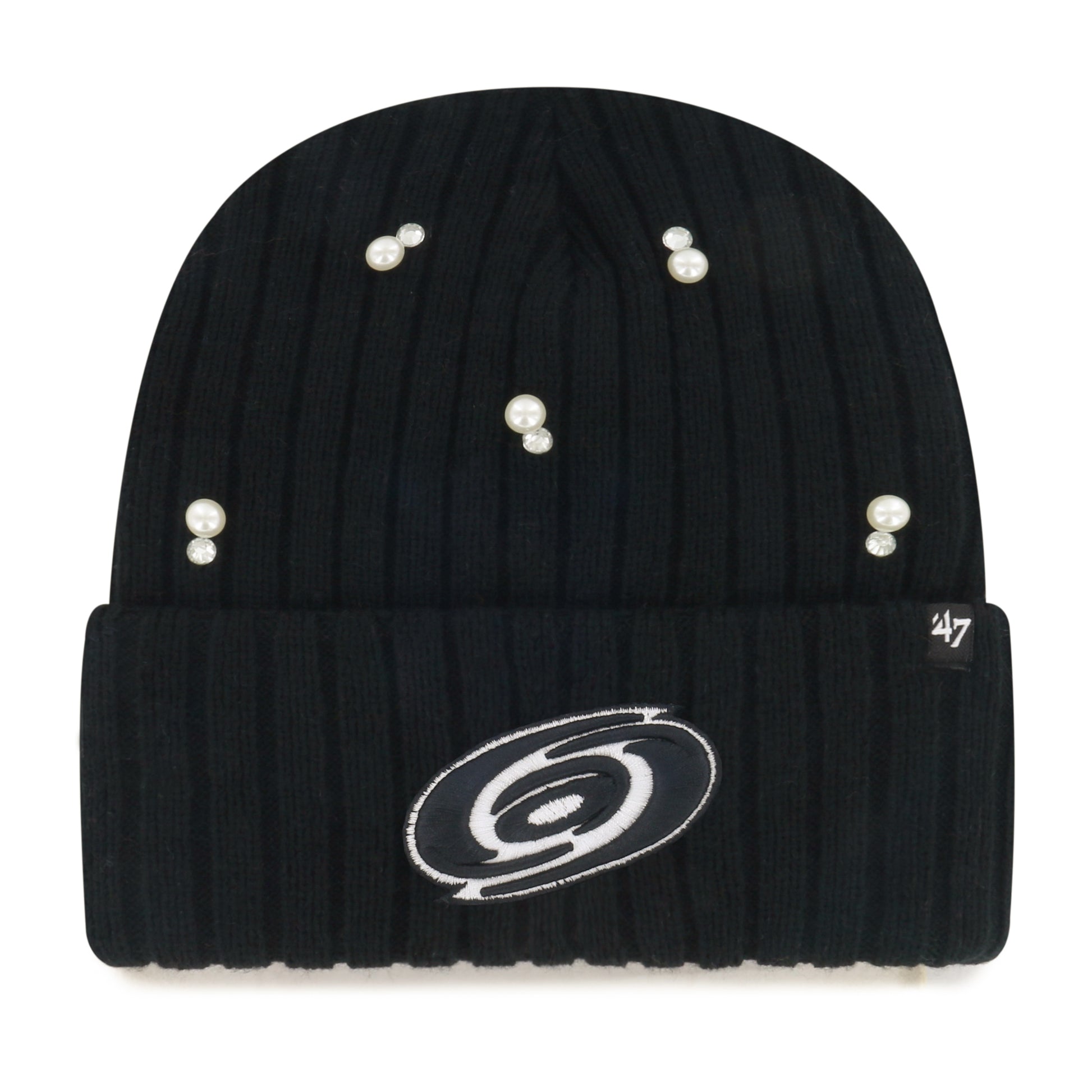 Front: Black cuffed knit, black/white Primary logo on cuff, white beads on beanie