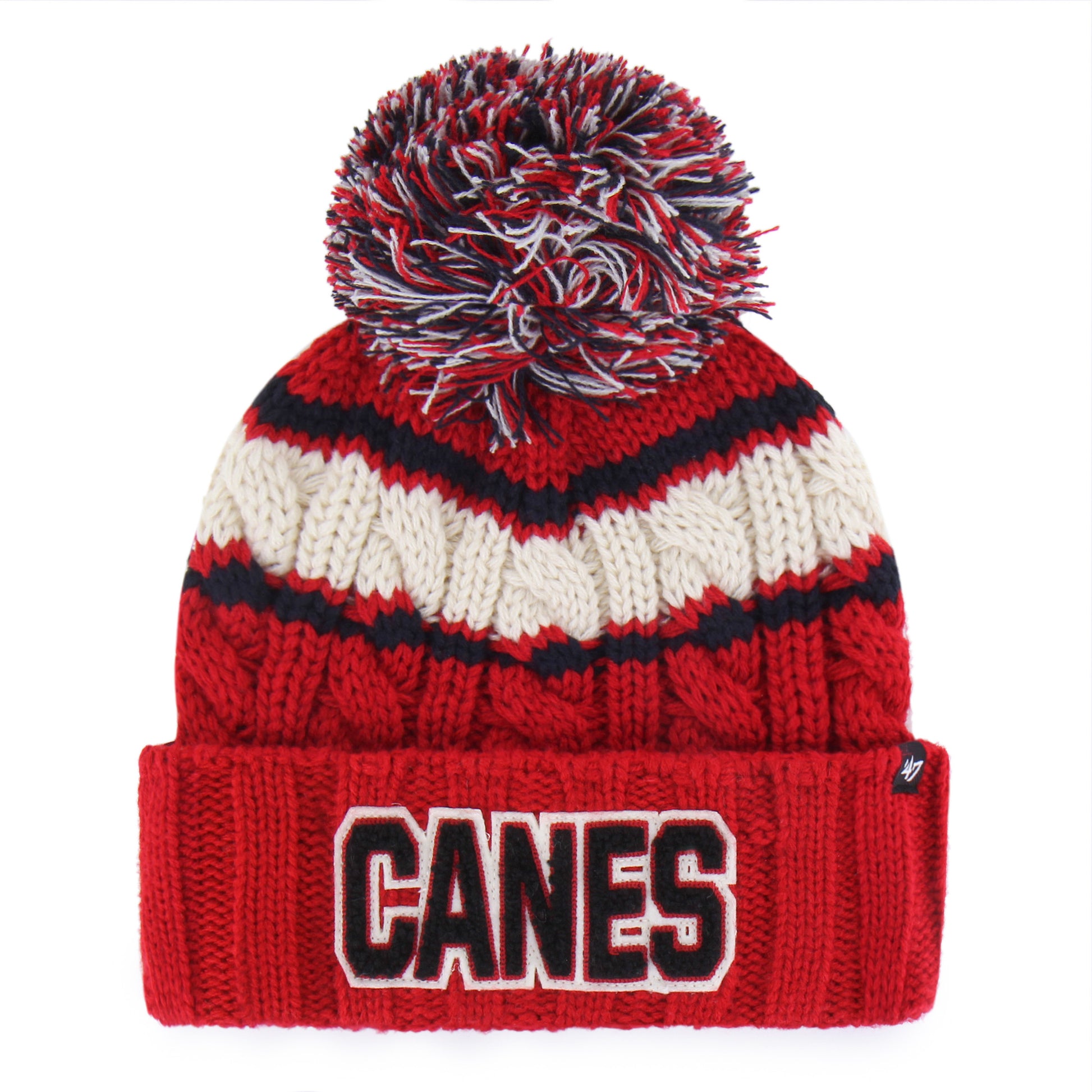 Red cuffed knit with tri-colored pom, black and white stripes on body, "CANES" on cuff