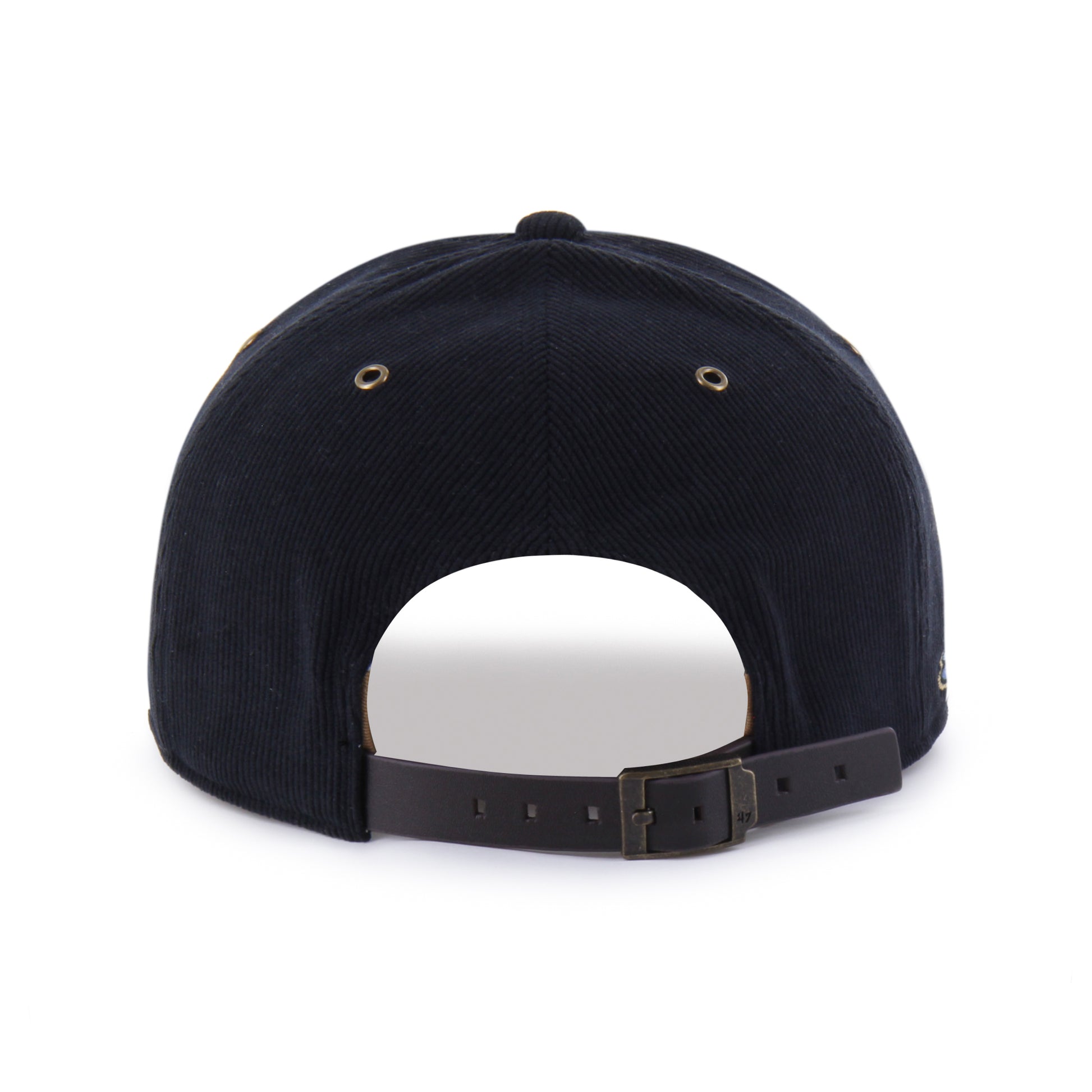 Back: Black hat, leather adjustable strap on back with metal clasp