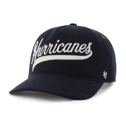 Front: Black hat, "Hurricanes" in script in white on front, 47 logo on left