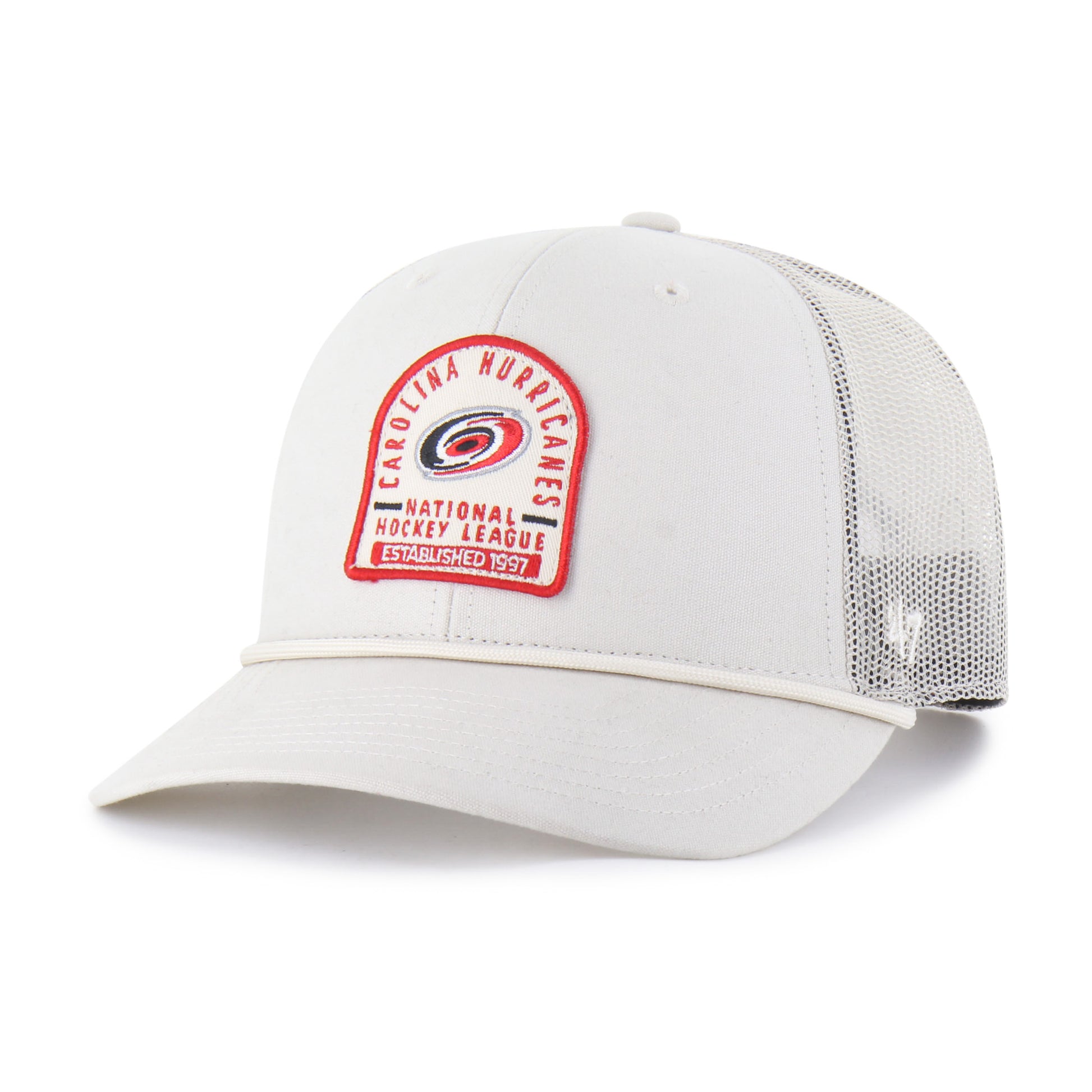 Front: Tan hat with white rope on brim, white/red tombstone-shaped patch on front