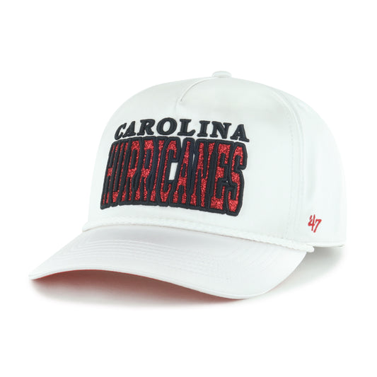 Front: White hat with rope on brim, "Carolina" in black, "HURRICANES" in red and black