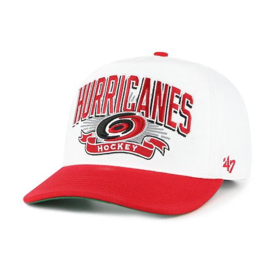 Front: White hat, red brim, "Hurricanes Hockey" graphic on front featuring Primary logo