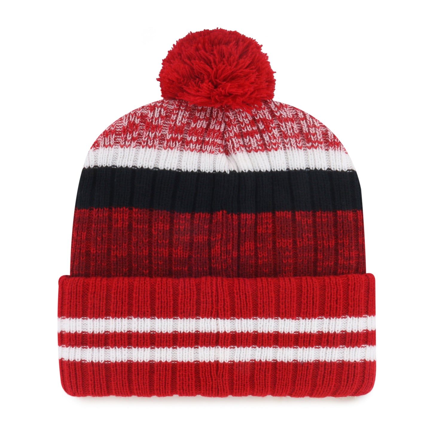 Back: White stripes on cuff, black/white/heather red on beanie