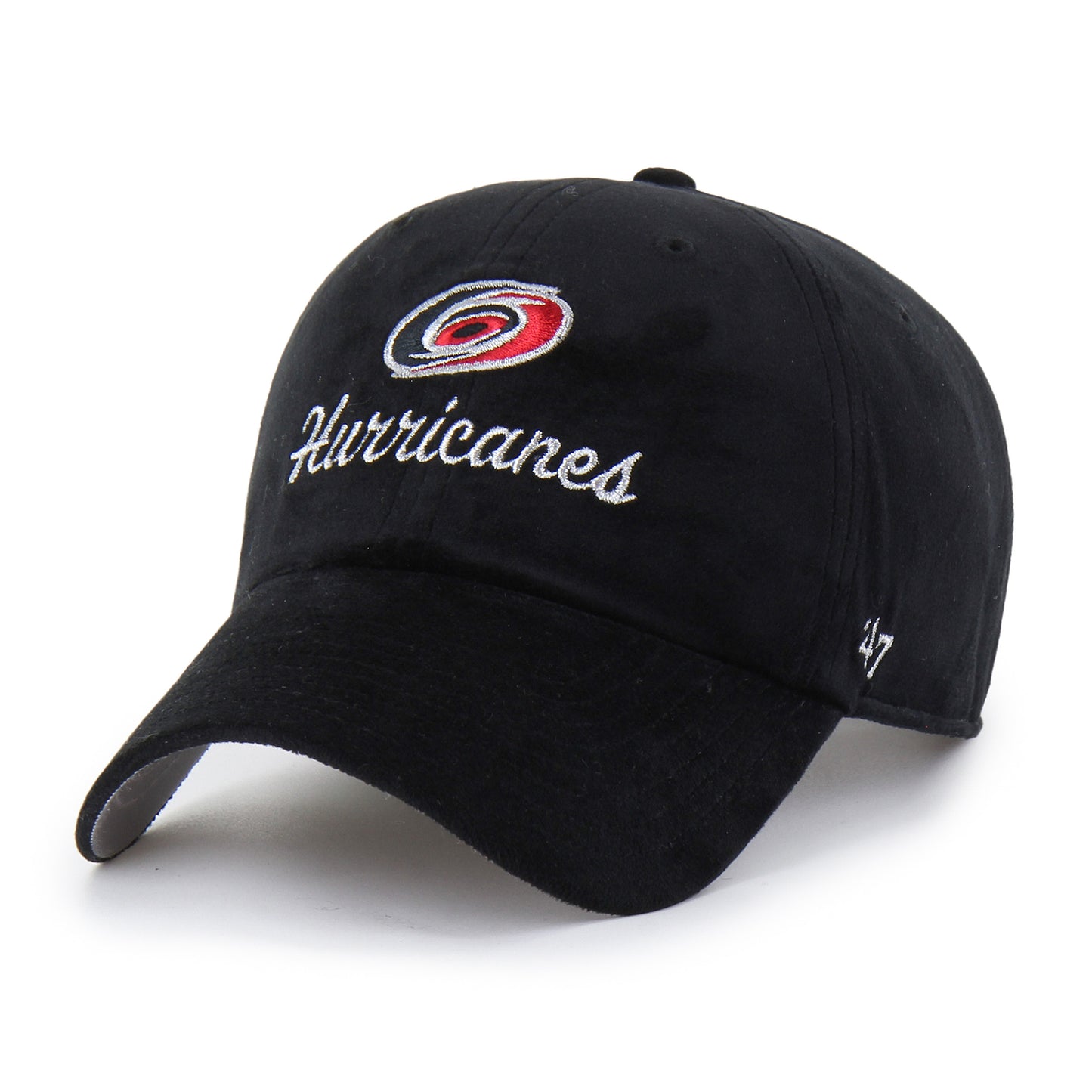Front: Black hat, "Hurricanes" in cursive, Primary logo above, 47 logo on left